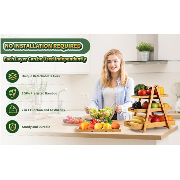 3-Tier Bamboo Fruit Basket - Veggie & Fruit Stand w/ Removable Serving Trays - Picture 7 of 9